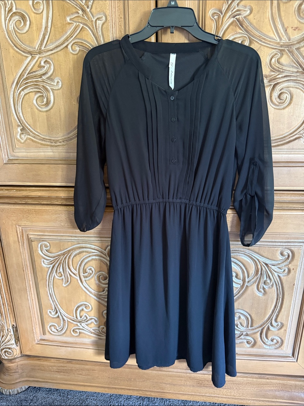 NY Collection Black Long-Sleeve Pleated Waist Dress